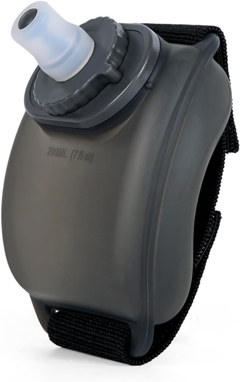 One black Flowband wrist water bottle with its mouthpiece and adjustable strap