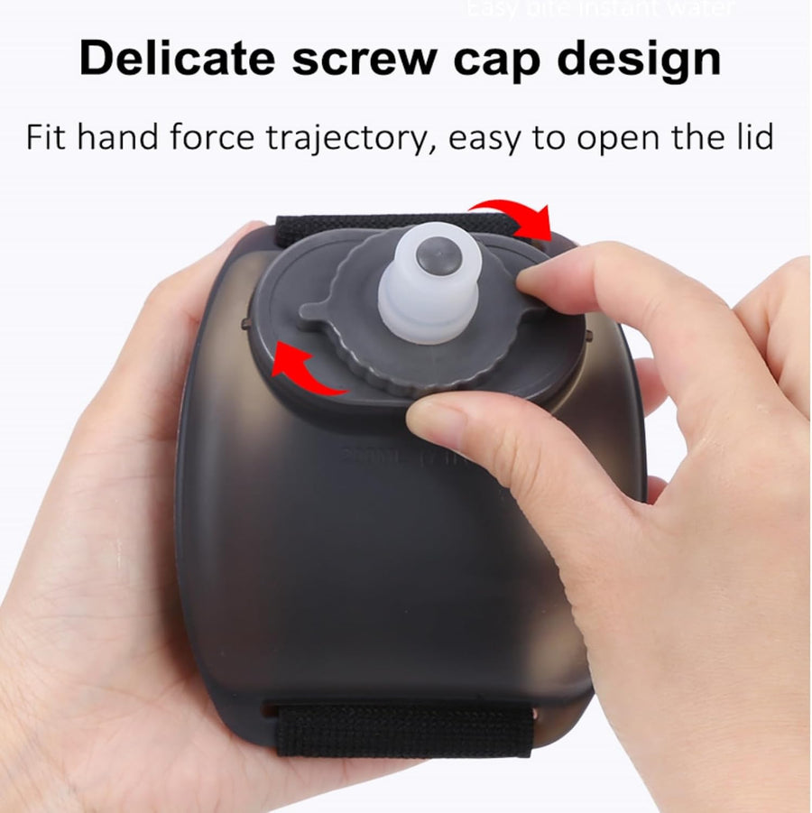 Hands opening the screw cap on a black Flowband bottle
